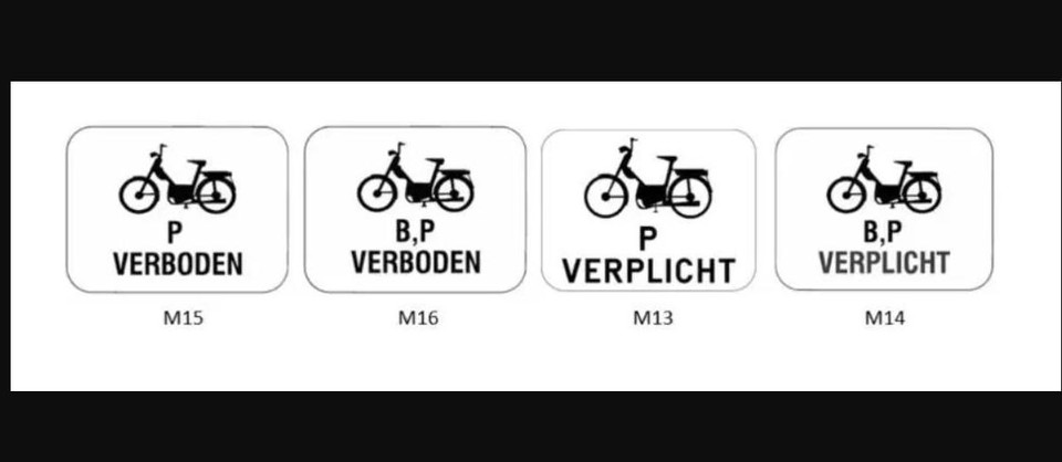 Dit zijn de verkeersborden die aangeven waar speed pedelecs (P) en bromfietsen (B) moeten rijden.