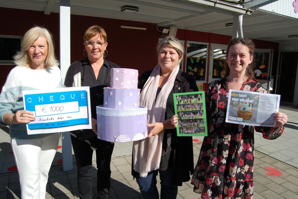 Josée, Katrien, Carine en Nele zijn blij met de cheque van De Eenhoorn.