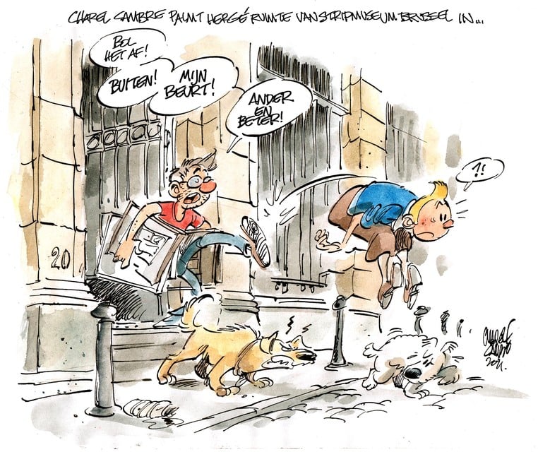 Niemand minder dan Hergé en Kuifje moesten plaats ruimen voor de expo . Charel maakte er een passende cartoon over.