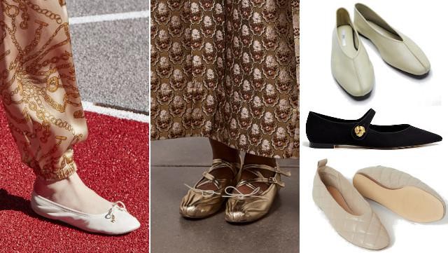 Celine en Simone Rocha/ mintgroene ballerina’s - 39,95 euro - Zara, zwarte puntballerina - 49,99 euro - Mango en beige ballerina’s - 49,99 euro - H&M