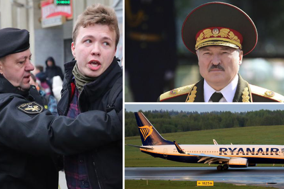 Links, Roman Protasevitsj toen hij in 2017 werd gearresteerd. Rechts Loekasjenko in 2020 en het vliegtuig van Ryanair dat aan de grond werd gezet. 