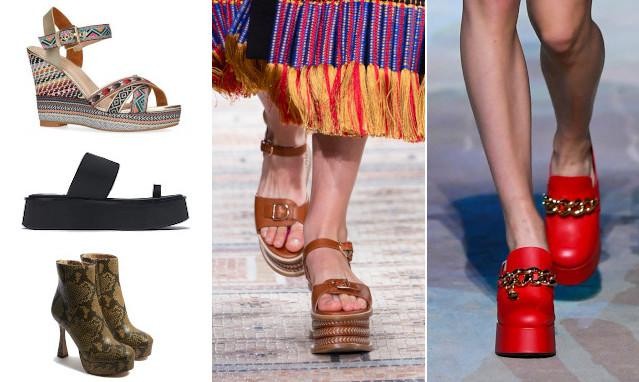 Sandaal met plateauzool - 52,99 euro - Sacha, zwarte slipper met plateauzoolzool - 39,95 euro - Zara en enkellaarsjes met plateauzool- 158 euro - Sam Edelman/ Gabriela Hearst en Versace