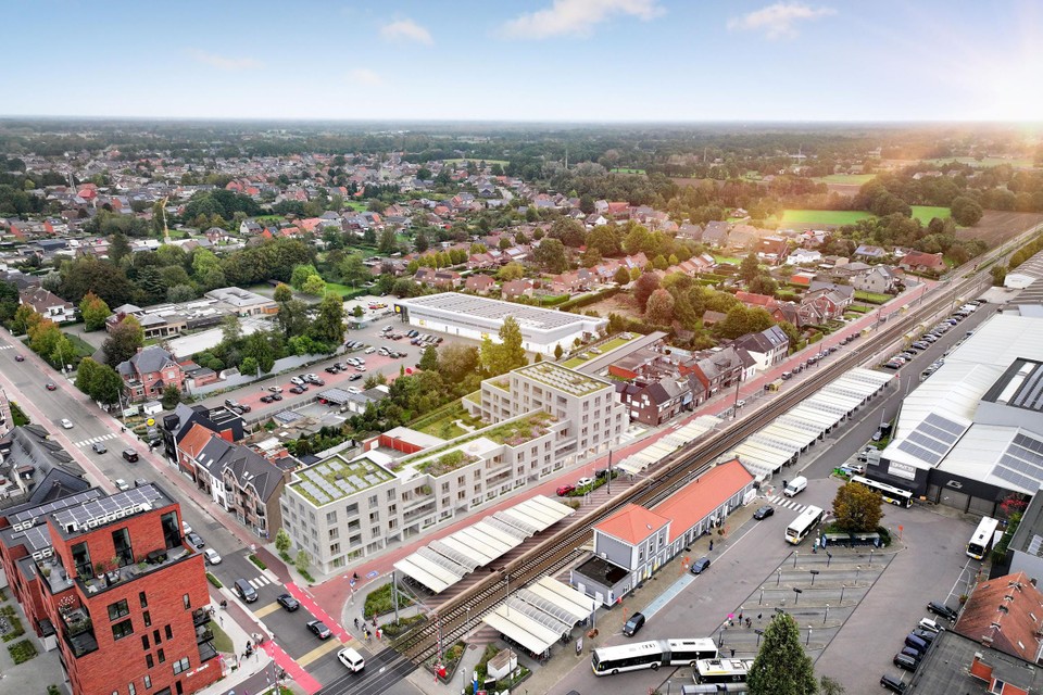 Een bovenaanzicht van hoe Villa Spoorbouw er tegenover het treinstation in Geel over twee jaar uit moet zien.