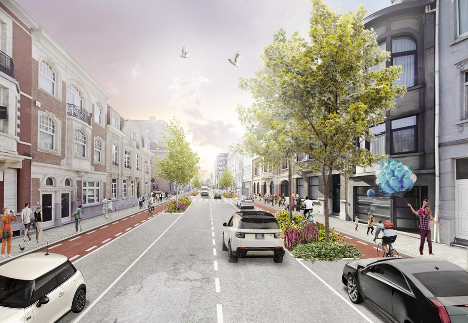 Een toekomstbeeld van de Leopoldstraat, met autoverkeer in twee richtingen. 