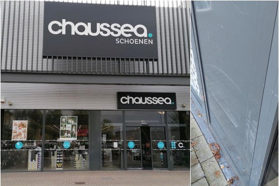 De etalage van schoenenwinkel Chaussea raakte ook beschadigd bij het manoeuvre (rechts). 