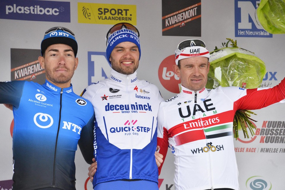 Het podium van vorig jaar met Giacomo Nizzolo, winnaar Kasper Asgreen en Alexander Kristoff
