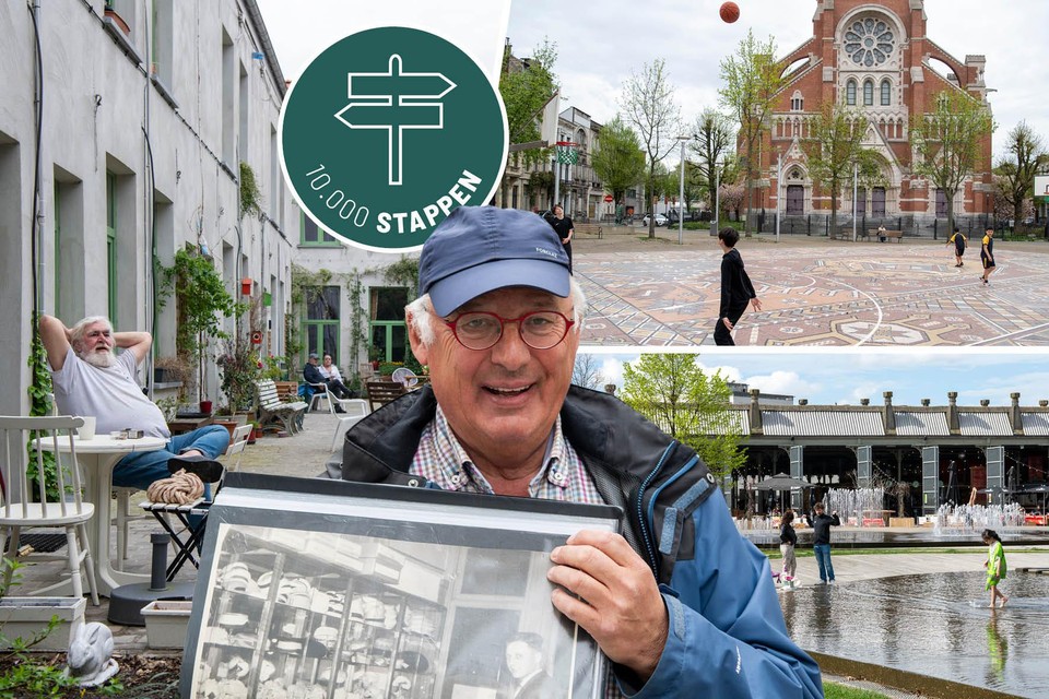 Paul De Vroey, geboren en getogen in de wijk, toont ons in de Offerandestraat een oude foto van de hoedenwinkel van zijn oom.