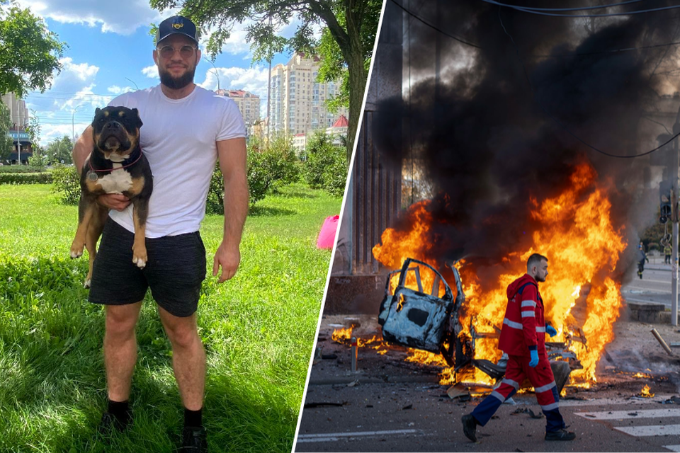 Vlad Polyanskiy met hond Arnold, op wandel in Kyiv. Rechts: de chaos en vernietiging in de hoofdstad na de raketinslagen. 