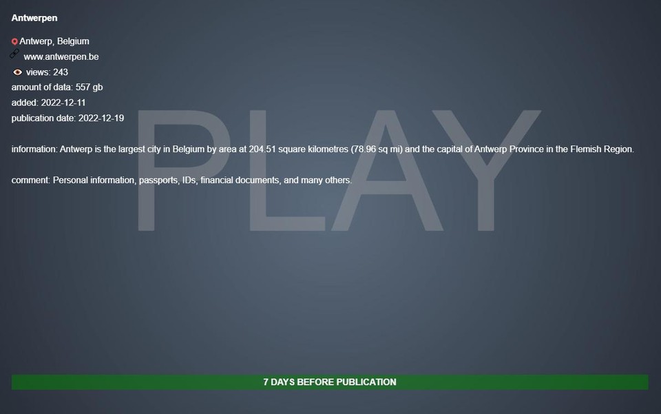 Screenshot van de website van Play op het darkweb. 