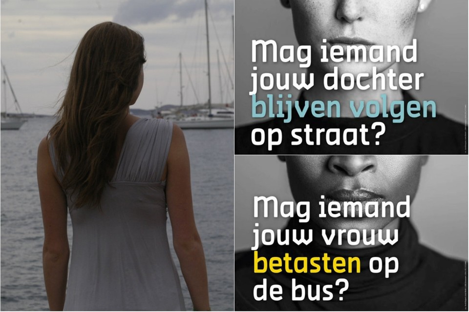 Slachtoffer Anse (links) en rechts twee beelden van de campagne waarmee de stad Antwerpen het taboe rond seksuele intimidatie wil doorbreken. 