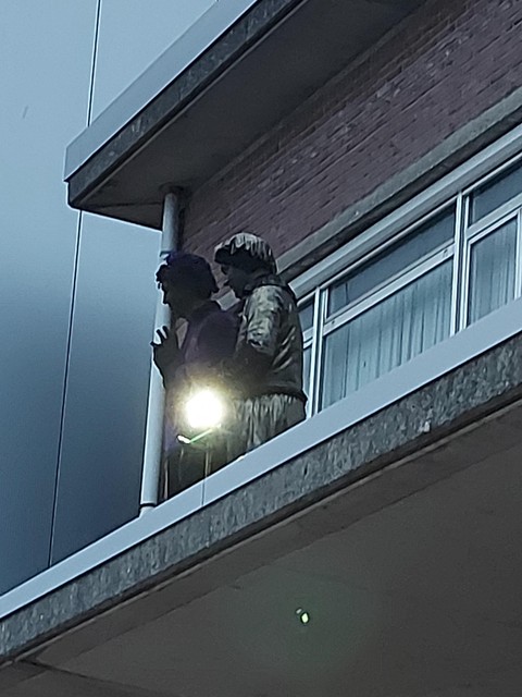 De twee Zwarte Pieten waren op het dak van de school verzeild geraakt en waren  verkleumd van de kou. 