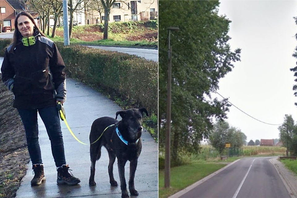 Zaakvoerster Heidi Daems van Darko’s hier op stap met een hond (niet een van de slachtoffers). Rechts: de Bormstraat, op de grens van Tisselt (Willebroek) en Kapelle-op-den-Bos. 
