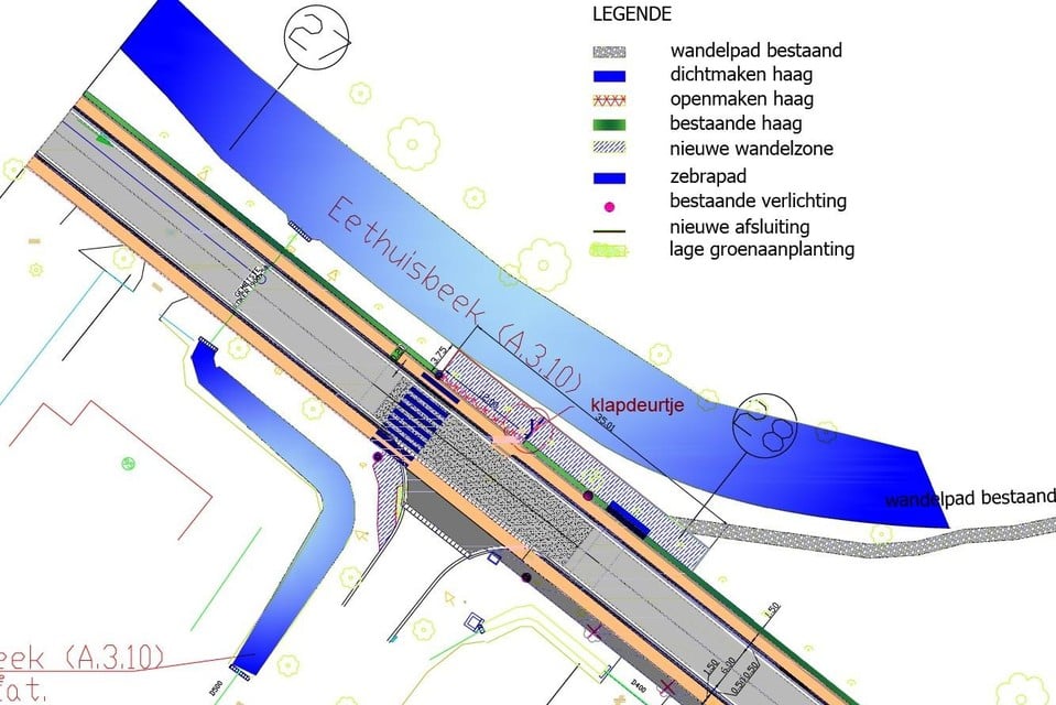 Op dit plannetje is te zien hoe het zebrapad met wachtzone wordt aangelegd over de Horstebaan, aansluitend op het doorgetrokken wandelpad langs de Eethuisbeek aan de boorden van het Vordensteinpark.