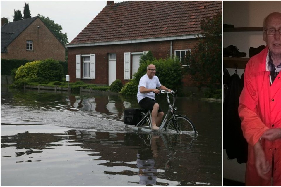 Links: de eenzame fietser. Rechts: Guido Kinoo, getroffen inwoner: “Het is de tweede keer in twintig jaar dat dit gebeurt, maar nu is het veel erger. Het water stroomde gewoon naar binnen.” 