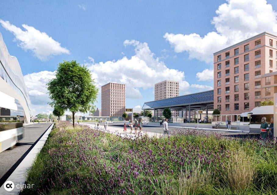 Links het nieuwe station, rechts de torens in de toekomstige Raghenowijk.