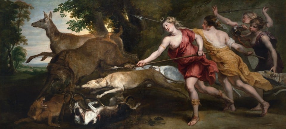 Diana op jacht met nimfen van Peter Paul Rubens en atelier.  