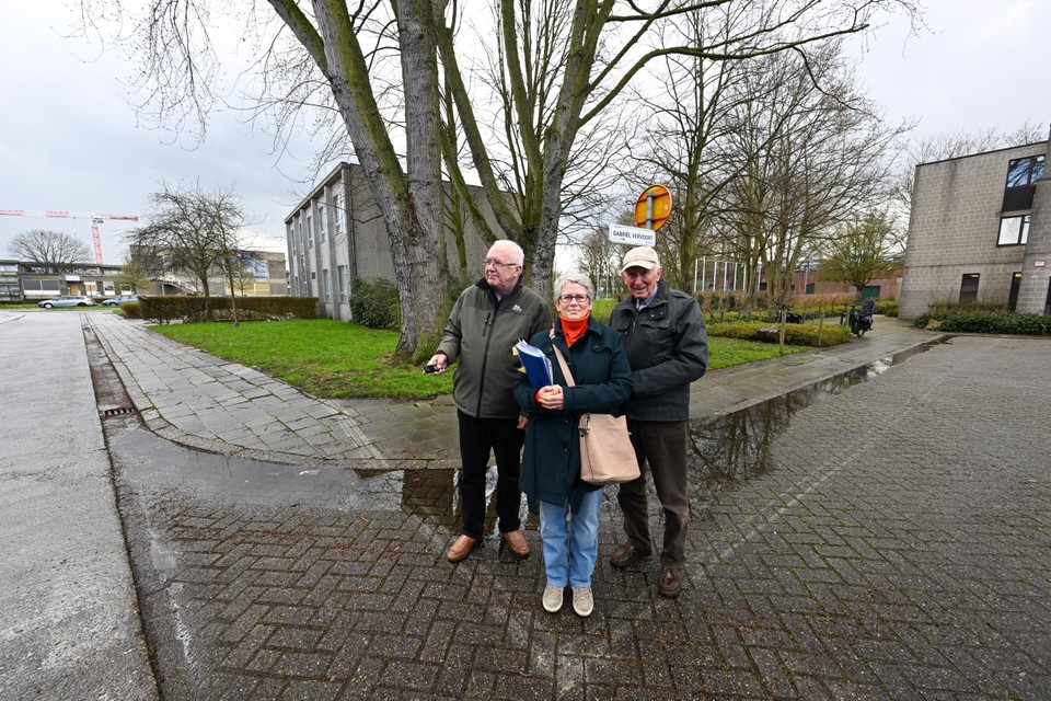Bewoners Paul Elsersmans, zijn vrouw Myriam Wegh en Jozef Heuten op de plek waar een nieuwbouw zou komen. De bomen op de achtergrond verdwijnen en de gevel van de nieuwbouw zal op elf meter van hun voordeur komen.