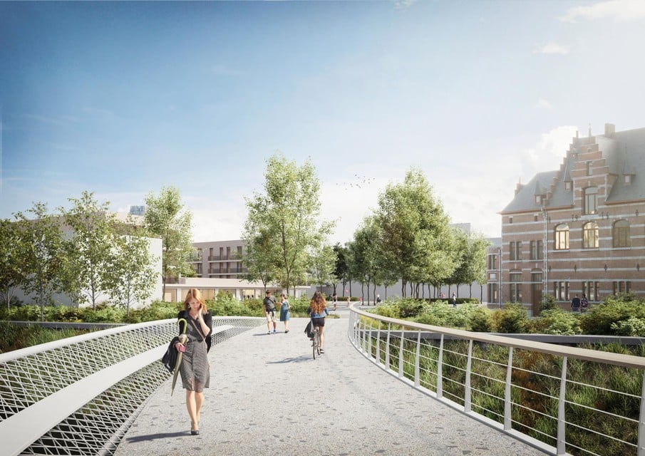 Uitzicht op de toekomstige appartementen op het Rode Kruisplein vanaf de fiets- en voetgangersbrug. 