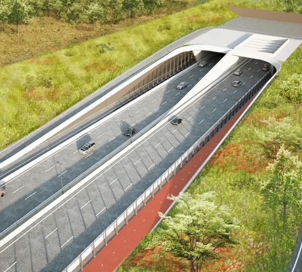De tunnelmond van de Scheldetunnel op Linkeroever, zoals hij er anno 2030 zal uitzien.