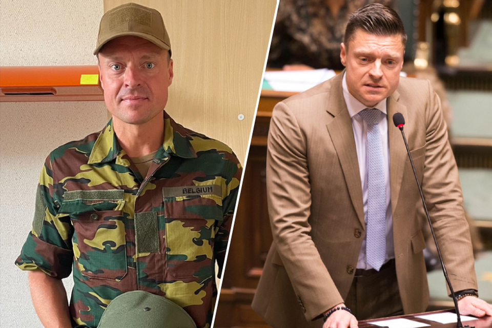 Links: Koen Metsu in militaire outfit. Rechts: patent in het pak als politicus. 