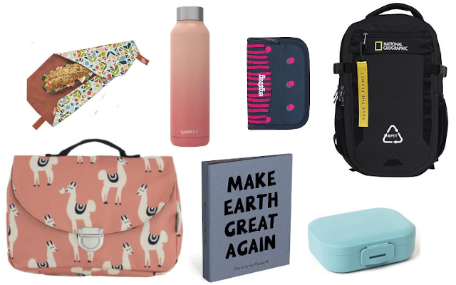 Herbruikbaar lunchzakje - 6,95 euro -Roll’eat, drinkfles uit RVS - 17,99 euro - Quokka, gevulde pennenzak uit 100% gerecycleerde polyester - 24,95 euro - Ergobag, rugzak gemaakt uit gerecycleerde petflessen - 39,95 euro - National Geographic, boekentas gemaakt uit 100% gerecycleerde petflessen - 37,95 euro - Onnolulu, ringmap - 4,99 euro - Lannoo, koekendoosje - 2,49 euro - Fun