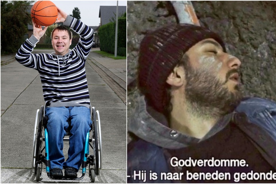 Links: Basile Caisin. In rolstoelbasket heeft hij een nieuwe uitlaatklep gevonden. Rechts: de scène uit ‘De Twaalf’. 