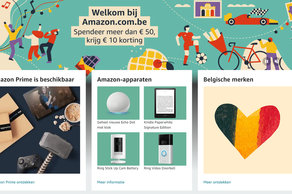 De homepage van Amazon.com.be kreeg een Belgisch thema. 