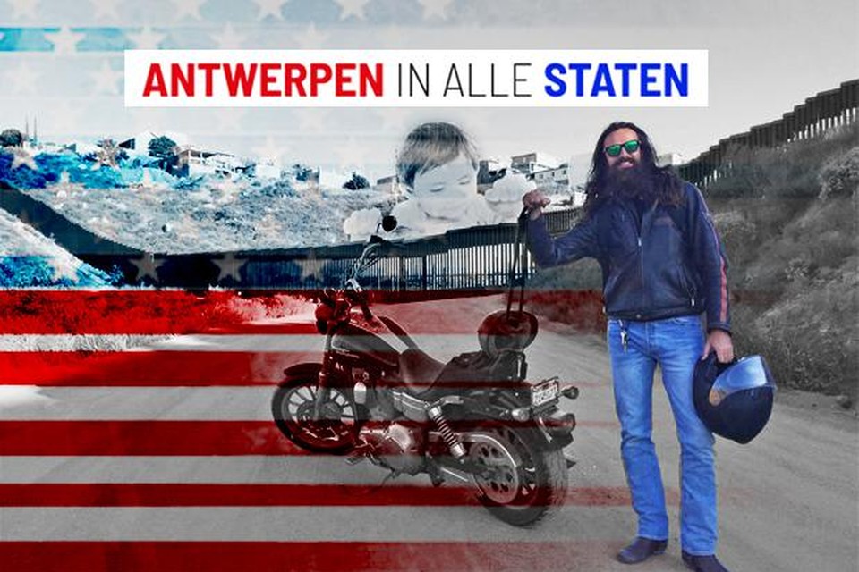 Tom Van Schingen met zijn Harley in San Diego bij het hekwerk aan de grens met Mexico, waar de Franse kunstenaar JR een gigantisch afbeelding heeft gecreëerd van een baby die over de muur kijkt.