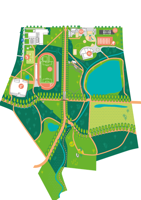 Het stadspark wordt verdeeld in vier zones, met meer infrastructuur in het noorden en meer groen in het zuiden. 