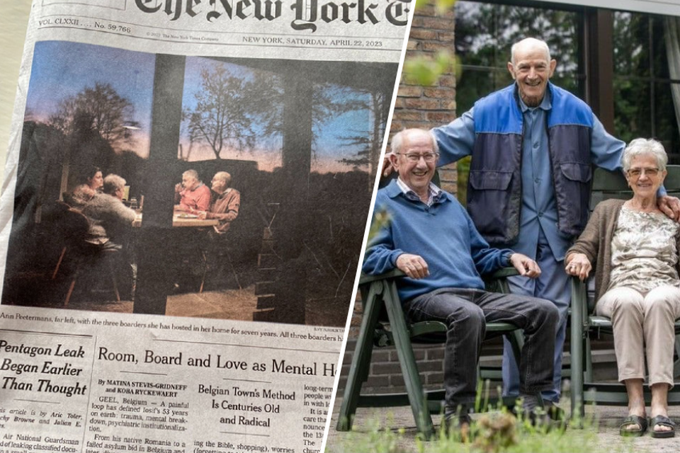 De voorpagina van The New York Times, gast Robert tussen gastmoeder Christiane en haar man Louis