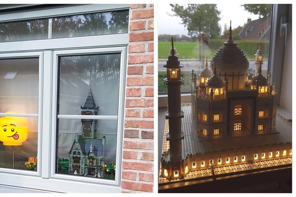 Pieter Van Aerde van Bricks and More zette zelf dit Legokasteel voor zijn raam in Geel-Ten Aard (links). En wie in Merksplas goed uit zijn doppen kijkt, treft deze Aziatische tempel achter het venster aan (rechts). 