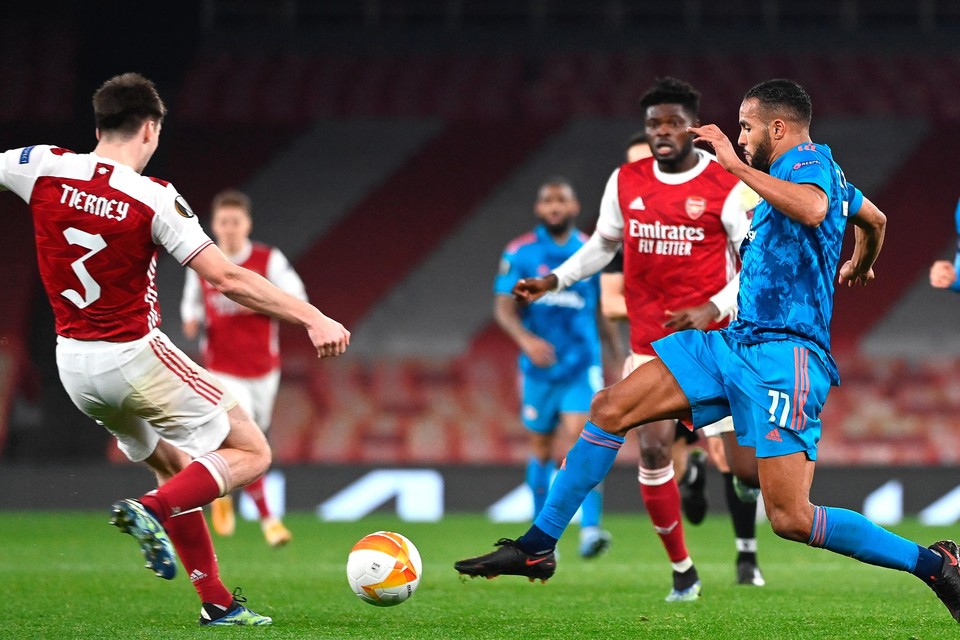 Youssef El Arabi op 18 maart tegen Arsenal, toen Olympiacos met 0-1 won in Londen. Thuis had het wel met 1-3 verloren.