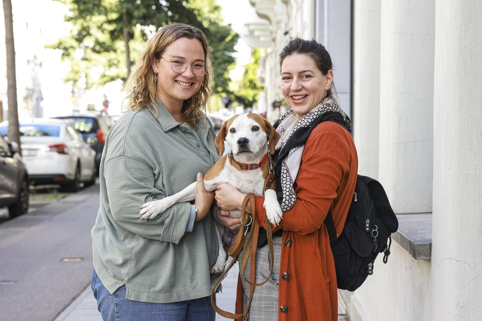 Lola, een mix tussen een stafford en een beagle, heeft geluk. Naast baasje Celine (links), heeft ze ook plusbaasje Daniela die voor haar zorgt. 