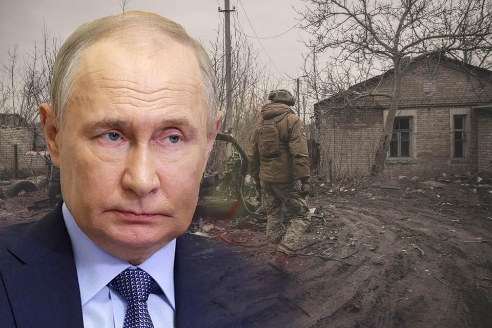 Links: Poetin. Rechts: een Oekraïense soldaat meet de schade op in Chasiv Yar, het nieuwe doelwit van het Russische leger.