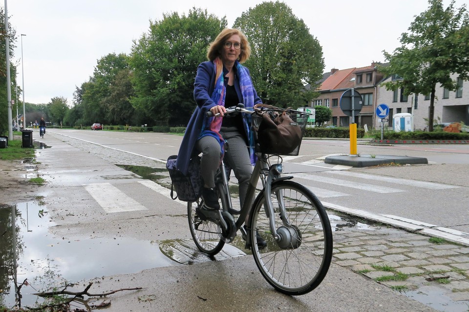 Inge Carpentier hotst en botst met haar eigen elektirsche fiets over het fietspad op de Merksemsebaan. De vele plassen bezorgen haar ook nog een natte broek. 