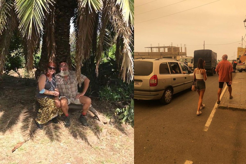 Geertje Blockhuys en Patrick Vansweevelt (links) moesten hun woning verlaten omwille van een oprukkende bosbrand in het noorden van Tenerife.