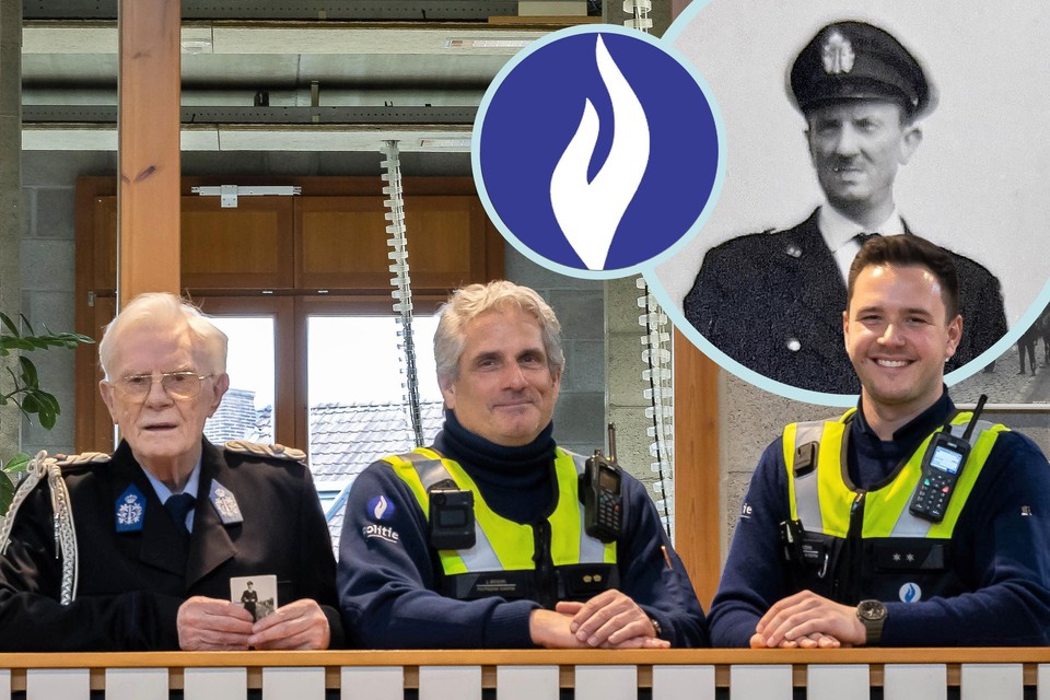 Drie generaties Beckers die even trots het blauwe politie-uniform van Schoten dragen: Frans (91), Joris (58) en Vincent (27).