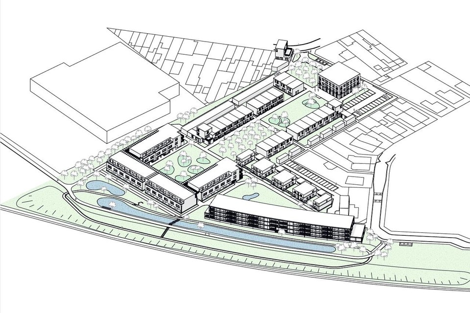 Een plattegrond van wat de nieuwe wijk Stadsveld moet worden. De grote witte blok linksboven is de bestaande supermarkt Carrefour, waarachter het complex opgetrokken wordt.