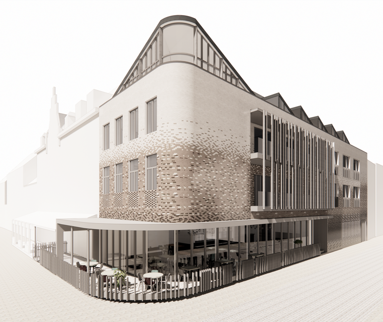 De toekomstige aanblik van hotel-restaurant De Zalm, op de plaats van het vroegere Gildenhuis, op de hoek van de Grote Markt en de Zandstraat.