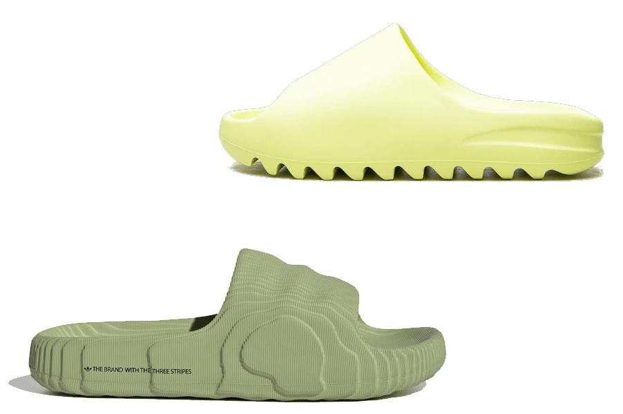 Boven: Yeezy-slippers, onderaan de ‘kopie’ van Adidas zelf. 