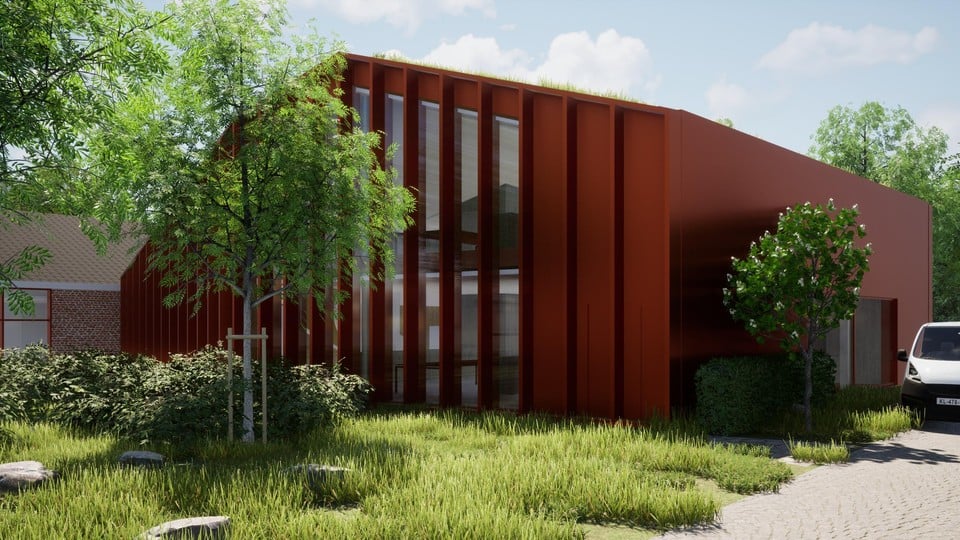 Impressie van hoe het nieuwe CPI-kantoorgebouw in een hedendaagse architectuur er na afwerking zal uitzien.