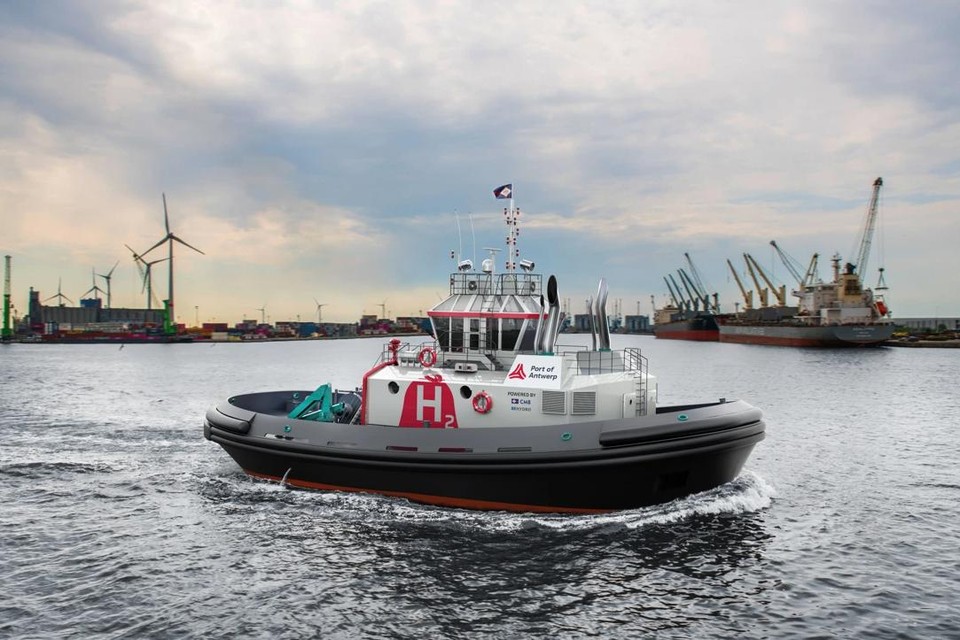 Een simulatie van de Antwerpse sleepboot die in de maak is en deels vaart op waterstof.