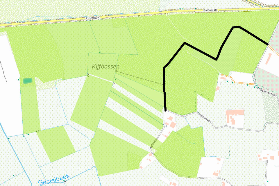 Het geplande wandelpad in natuurgebied Kijfbossen staat in het zwart aangeduid.