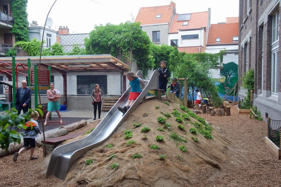 Een voorbeeld van een natuurspeelplaats, hier in stedelijke basisschool De Evenaar in Antwerpen-Noord.