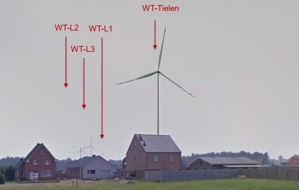 Een simulatie van de grootte van de windmolen in een nabijgelegen straat.