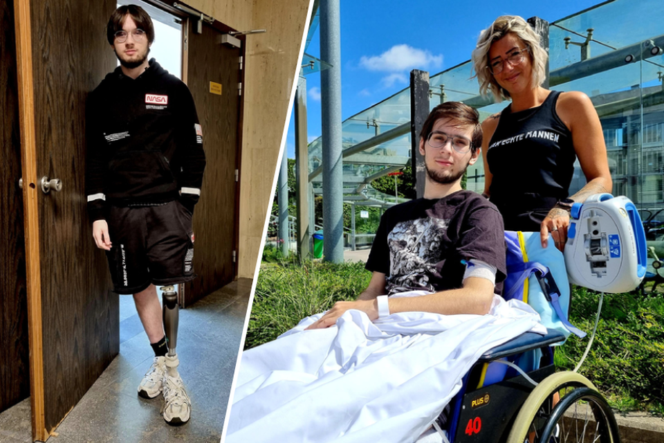 Na het ongeval moest het linkerbeen van Yanni geamputeerd worden. Rechts: Yanni en zijn mama Debby in 2021 bij het UZA in Edegem, waar de tiener na zijn ongeval lang moest verblijven.