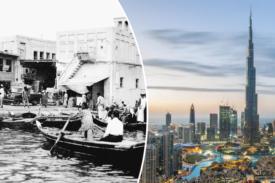 Links. Parelvissers meren aan in de haven van Dubai. Rechts: Dubai vandaag, een hypermoderne wereldstad.