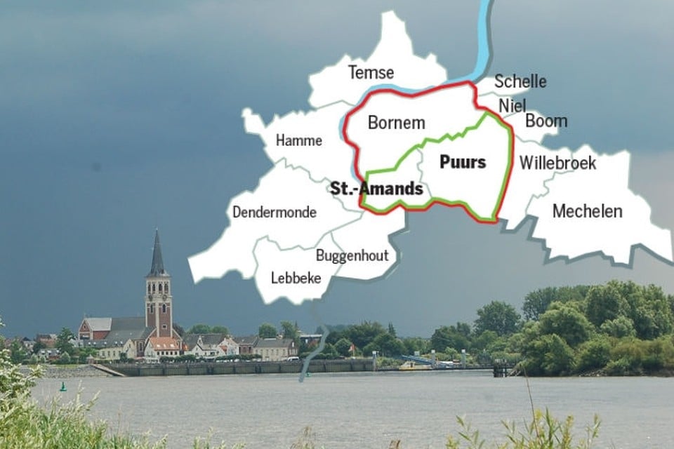De rode rand rond de drie gemeenten zou tot de fusiegemeente Klein-Brabant leiden. Maar dat gaat niet door. De groene rand verenigt Puurs en Sint-Amands. 