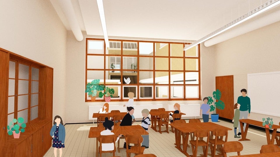 Een ontwerpbeeld van een klaslokaal na de renovatie 
