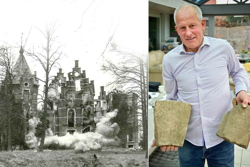 Links: het opblazen van het kasteel in Pulle door het Belgisch leger in maart 1946. Rechts: Leo Denolf bewaart nog oude stenen en massa’s documentatie van het opgeblazen kasteel.